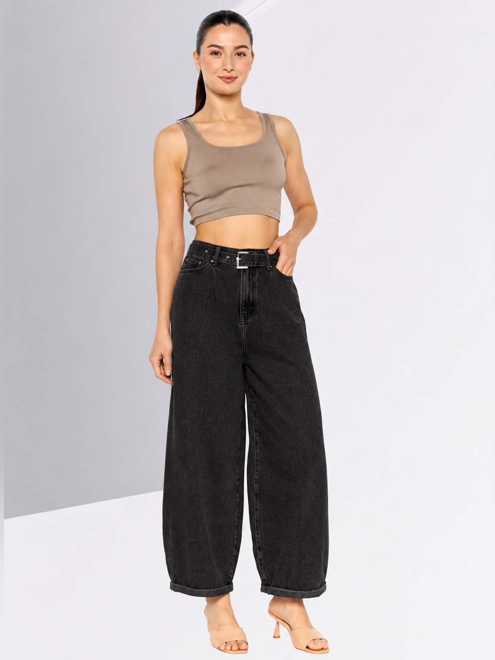 Armani Exchange J74 black belted ballon jean pleated barrel leg trousers sz 25